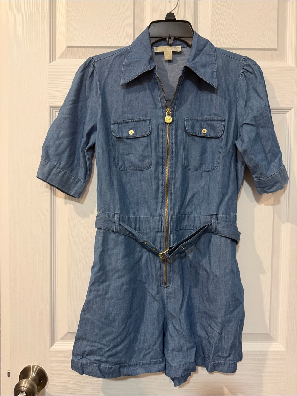Michael Kors Chambray Short Sleeve Zip Romper in Blue with Gold Hardware